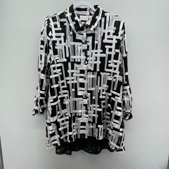 Chico’s Black White Applique Mesh Button Down Jacket w/ Pockets Style 570169142 - Picture 1 of 7